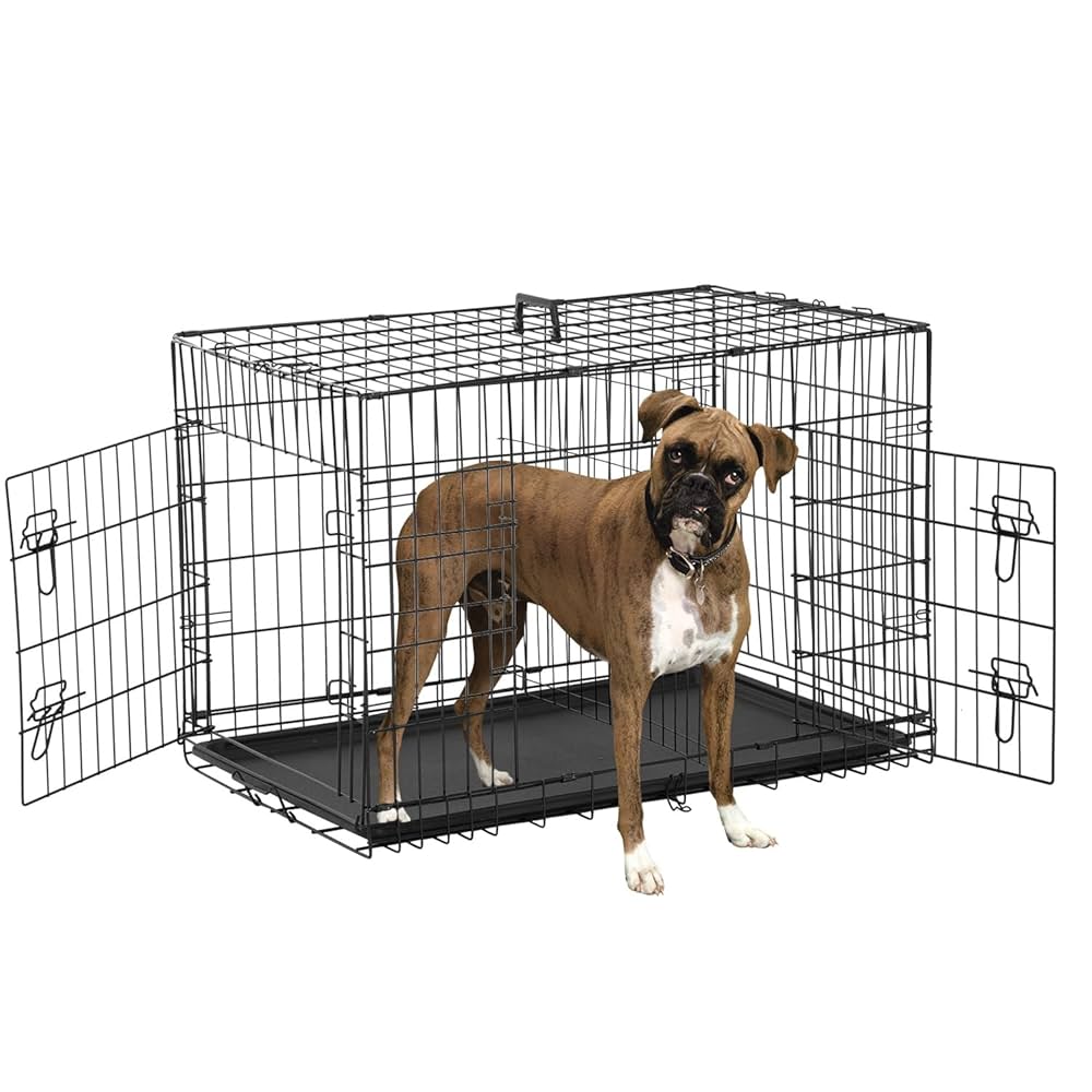 42 Inch Dog Crate, Dog Crates and Kennels Foldable Large Dog Crate for Large Dogs with Handle Double-Door Outdoor Metal Wire Dog Cage with Plastic Tray for Medium Dogs, Black