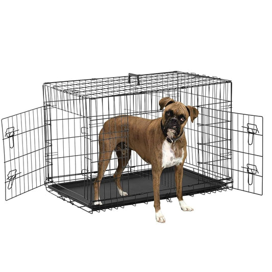 42 Inch Dog Crate, Dog Crates and Kennels Foldable Large Dog Crate for Large Dogs with Handle Double-Door Outdoor Metal Wire Dog Cage with Plastic Tray for Medium Dogs, Black